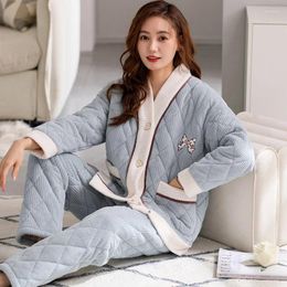 Women's Sleepwear Autumn And Winter Coral Velvet Pajamas For Women Plush Thickened Three-layer Cotton Sandwich Cute Flannel Home Clothing