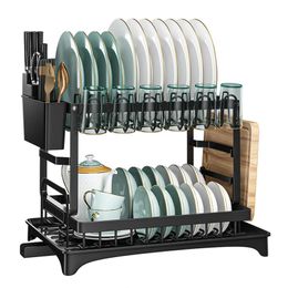 Dish Racks 2 Tier Dish Drying Rack Kitchen Counter Dish Organiser Rack With Drainboard And Utensil Holders Carbon Steel Dish Drainer Set 231109