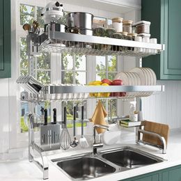 Dish Racks BOOSINY Over Sink Dish Drying Rack Adjustable 25.6"-35.5" 3 Tier Large Dish Rack Drainer for with Utensil Holder and 10 Hooks 231109