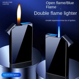 Lighters fashion Creative Double Fire Gift Lighter High Value Gradient Color Straight Through Open Inflatable Men's