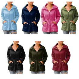 Women's Fur Faux Fur Women Plus Size Autumn Waterproof Hooded Jacket Long Sleeve Drawstring Zipper Rain Coat Casual Outdoor Windbreaker S-3XL 231109