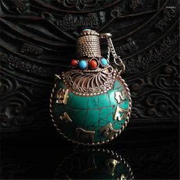 Pendant Necklaces BYH008 Nepal Hand Brass Inlaid Stone Snuff Bottle Tibetan Six Words Mantras Amulets Craft