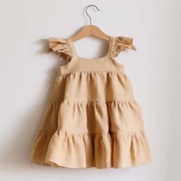 Girl Dresses Summer Solid Baby Dress Linen Cotton Sleeveless A-line Casual Toddler Ruffle Princess Sundress Clothing For Girls