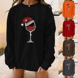 Women's Hoodies Women Stylish Pullover Sweatshirt Wineglass Printed Crew Neck