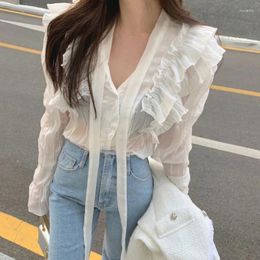 Women's Blouses Shirt Super Fairy Wood Ear Lace Flapper Trumpet Sleeve Top Women Spring And Autumn White French Chic Slim Dress