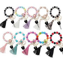 Foreign Trade New Creative Silicone Spacer Beaded Bracelet Keychain PU Leather Tassel Pendant Keyring Wholesale