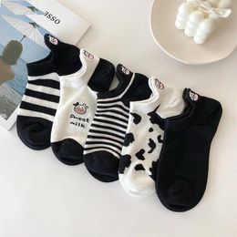 Women Socks 5 Pairs Four Seasons Cow Print Cartoon Sock Harajuku Cotton Short Striped Solid Comfortable Casual Ankle