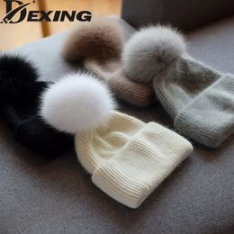 BeanieSkull Caps Winter Natural FOX Fur Pom Knitted Beanies For Women Fashion Mink Warm Soft Pompoms Female Thick Hats 231109