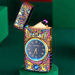 Lighters LED Light USB Electric Lighter Embossed Dragon and Watch Plasma Flameless Power Display Dual Arc Creative Men's Gift