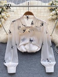 Women's Blouses SINGREINY Fashion Floral Embroidery Blouse Ladies Bow Neck Long Sleeves Print Chiffon Top Office Lady Elegant Loose Shirt