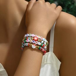 Strand 4pcs Colourful Soft Clay For Women Cute Santa Claus Snowflake Print Merry Christmas Letters Bracelet Xmas Gift