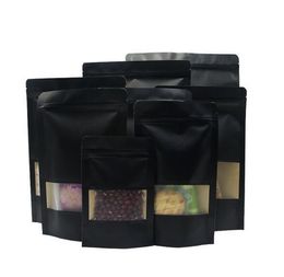 wholesale Black Kraft Paper Bags Clear Window Zipper Retail Mylar Stand Up Pouch Package For Cookies Snack Candy Coffee Bean Powder Food Nuts Tea Seeds Gifts