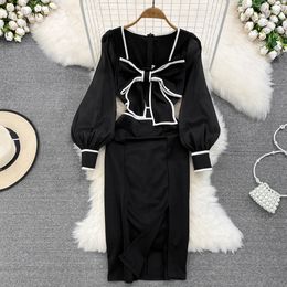 Casual Dresses Square Collar Contrast Colour Bowknot Robe Femme Autumn Vestidos De Mujer Elegant Long Sleeve Slim Hip Package