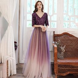 Party Dresses Sequins Purple Evening Dress Half Sleeves V-Neck A-Line Empire Luxurious Floor-Length Zipper Back Woman Formal Gowns A1278