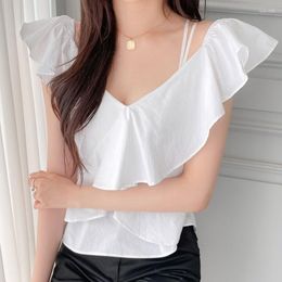 Women's Blouses Women's Blouse Korean Chic Summer Vintage Port Style V-neck Ruffle Waist Lace Up Loose Foreign Sleeveless Shirt Top