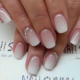 False Nails 24pcs Square Simple French Light Pink White Gradient Fake With Diamond Press On Full Cover Nail Tips