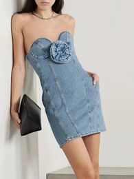 Casual Dresses Sexy Strapless 3D Flower Denim Dress Women Sleeveless Patchwork Floral Mini Slim Elegant Party Evening Club