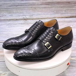 Dress Shoes Men's Business Formal Genuine Leather Retro Double Buckle Monk Men Luxury Handmade Snake Pattern Design