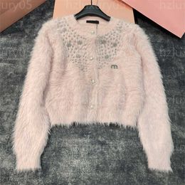 Designer Cardigan Autumn Luxury Coat Knitted Sweater Water Diamond Round Neck Long Sleeved Imitation Mink Fur Cardigan Sweaters Womens Coats Pink