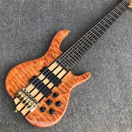 Rare Ken Smith 6 Strings Natural Quilted Maple Top Electric Bass Guitar Passive Pickups 9V Battery Box, 5 ply Wenge-Bubinga Sandwich Neck Gold Hardware