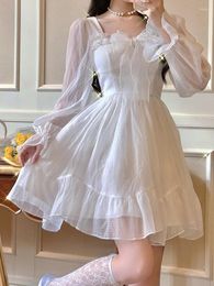 Casual Dresses Spring White Sweet Dress Women Long Sleeve Square Collar Ruffles Princess Korean Fashion Kawaii Fairy Bow Slim Mini