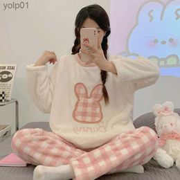 Women's Sleepwear Flannel Winter Women's Pajamas Set Cute Pink Plaid Women Coral Velvet Warm Pullover Loungewear Kaii Bunny Ladies Pijama PyjamaL231109