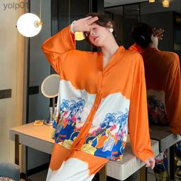 Women's Sleepwear QSROCIO NEW Women's Pyjamas Set Luxury Orange Coconut Print Sleepwear Silk Like Homewear V Neck Nightwear Leisure LoungewearL231109