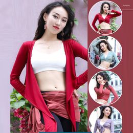 Stage Wear Belly Dance Top Female Adult Elegant Long-Sleeved Cardigan Practice Clothes Woman Shirt Hip Scarf Dual-use Performance Clothing