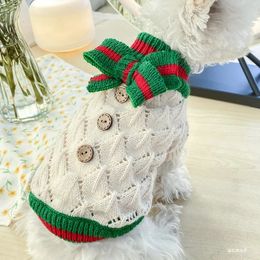 Dog Apparel 1 piece of pet clothing autumn cat Christmas red green hollow knitted bow elastic drawstring sweater suitable for small and medium-sized dogs 231109