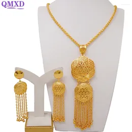 Necklace Earrings Set Luxury Ethiopia Dubai Gold Color Bride Long Chain Tassel Sets African Wedding Ornament Gifts