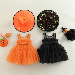 Girl Dresses Little Girls Halloween Dress And Witch Hat Solid Colour Sleeveless Ruffled Layered Princess