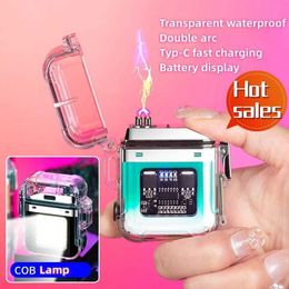 Lighters 2023 New Creative Trend Transparent Shell Lighter with Flashlight Windproof Dual Arc USB Rechargeable Plasma Igniter Men's Gift