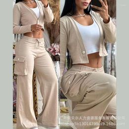 Women's Two Piece Pants 2023 Autumn Winter Clothing Short Style In Apricot Collarless Cardigan Drawstring Leisure Wide Leg Suit