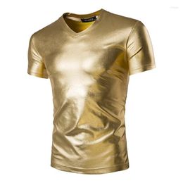 Men's T Shirts Shiny Gold Metallic V Neck Shirt Men Hip Hop Punk Tshirt DJ Nightclub Bar Tee Homme Slim Fit Short Sleeve T-shirt