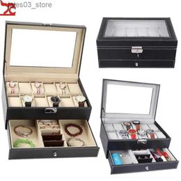 Jewelry Boxes Drawer Desing Pu Leather Boxes 2 Layers Organizer Jewelry Carrying Case with Lock Window for Gentlemen ladies Gifts Q231109