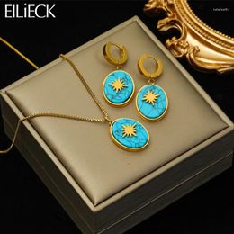 Necklace Earrings Set EILIECK 316L Stainless Steel Oval Green Stone Star Butterfly Pendant For Women Vintage Design Jewelry Gift