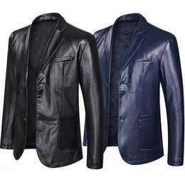 Men Leather Casual Blazer Jacket Fashion Loose Lapel Leather Suit Plus Size Black Blue Male Tops2122