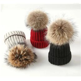 Berets Winter Brand Female Fur Pom Poms Hat For Women Girl Knitted Beanies Cap Thick Skullies