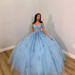 Sky Blue 2024 Princess Quinceanera klänningar från axelbollklänningen pärlstav blommor applikationer söt 16 klänning vestidos de 15 anos 322