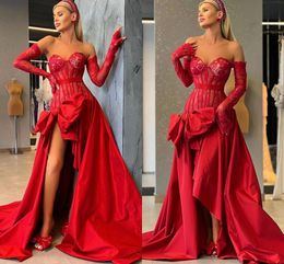 Sexy Red Plus Size A Line Prom Dresses Sweetheart Lace Applique Draped Sweep Train High Side Split Formal Occasions Wear Birthday Celebrity Pageant Evening Gowns