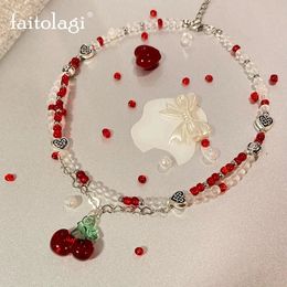 Pendant Necklaces Y2K Red Cherry Heart Beaded Choker Necklace Women Boho Bead Cherry Pendant Necklaces Vintage Year Christmas Necklace Jewellery 231109