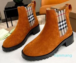 Luxury Designer boots doc martens cowhide cashmere Womens Shoes Stripe Plaid Stretch Band Fashion Booties Low Heel Casual Round Toes