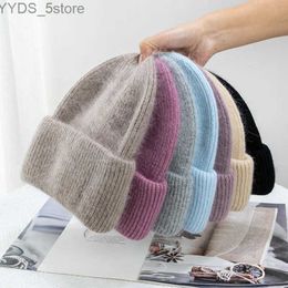 Beanie/Skull Caps Fashion Warm Cashmere Wool Skullies Angola Rabbit Fur Winter Knitted Beanies Women Cap Female Three Fold Ski Outdoor Hats YQ231108