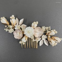 Hair Clips Flower Combs Women Wedding Jewellery Ceramic Leaf Handmade Tiara Head Decoration Pearl Shiny Ornament