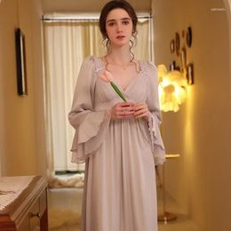 Women's Sleepwear Flare Sleeve Long Nightdress Vintage Satin Nightgown Sexy Lace V Neck Nighty Night Dress Women Spring Summer Nightwear