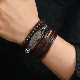 Charm Bracelets Vintage Punk Style Leather Bracelet For Men Multiple Woven With Wooden Beads And Feather Decorations Jewelry