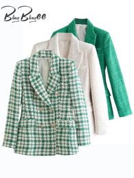 Women's Wool Blends BlingBlingee Women Casual Tweed Jacket Traf Winter Long Sleeve Double Breasted Green Blazers Thick Female Plaid Coat Tops 231109