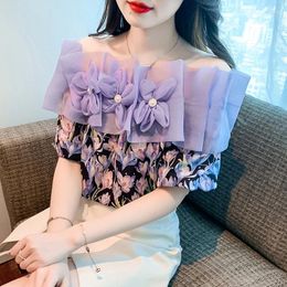 Women's Blouses Summer Flower Beaded Ruffle Edge Off Shoulder Top Design Sense Small French Retro Floral Shirt