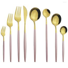 Dinnerware Sets 8Pcs Pink Gold Cutlery Set Knife Cake Fruit Fork Coffee Tea Long Handle Spoon Tableware Kitchen Stainless Steel