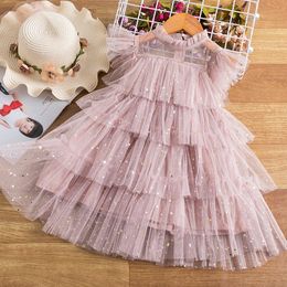 Girl's Dresses Girls Princess Mesh Layers Cake Dresses For Kids Sequin Elegant Party Tutu Prom Wedding Vestidos Summer Children Ruffles Clothes 230408